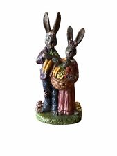 Vintage Hand Painted Tall Rabbit Couple Figurines w Basket Summer Vegetables