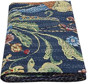 Indian Handmade Kantha Handblock Bird Print Throw Cotton Bedding Bedspread Quilt