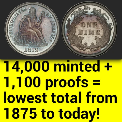 1879 PCGS PR64 Mintage 14,000+ 1100 Proof= Lowest 1875 to Today 10c! Seated Dime Cover