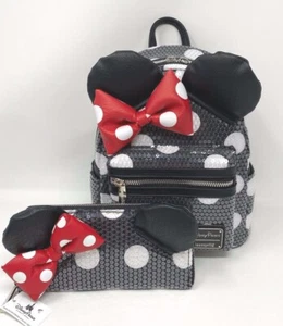 Disney Park Loungefly Minnie Mouse Sequin Polka Dot 3D Ear Bow Backpack Wallet A - Picture 1 of 12