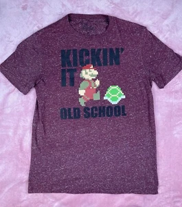Super Mario Bros Kickin' It Old School Men's T-Shirt Burgundy Red Size Medium - Picture 1 of 4