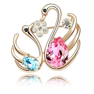 18K Rose Gold Plated Made With Swarovski Crystal "In Love Double Swan" Brooch Foto 1 de 4