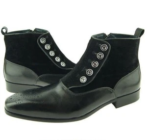 New Handmade Mens Two Tone Black Button Suede Dress Formal Leather Men Boots - Picture 1 of 4