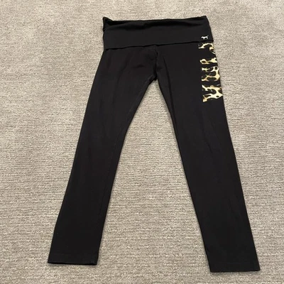 PINK Victorias Secret Leggings Womens Medium Black Yoga Leopard Foldover Stretch - Image 1 of 4