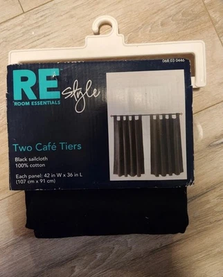 Room Essentials Two Cafe Tiers Black Sailcloth Cotton Curtain Panels 42" x 36" - Image 1 of 4