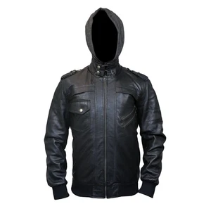 Bomber Lederjacke Herren schwarz mit Kapuze Outdoor Biker Style Leder Hoodies - Bild 1 von 5