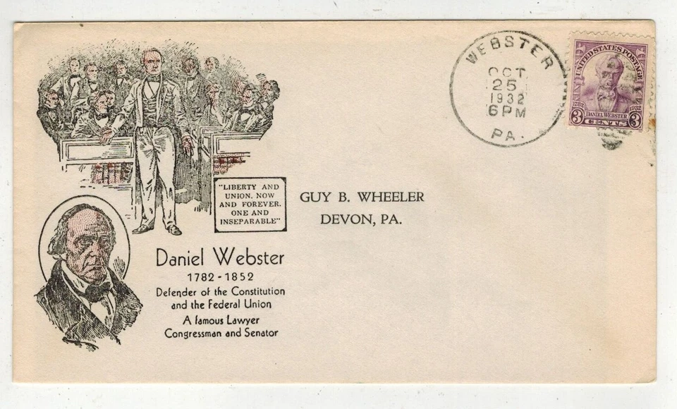 1932 LAWYER SENATOR DANIEL WEBSTER 725-9 IOOR 10/25 WEBSTER PENNSYLVANIA CANCEL - Image 1 of 1