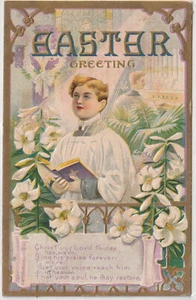 Postal de Pascua en relieve de 1909 coro niño cantando organista lirios - con sello - Imagen 1 de 2