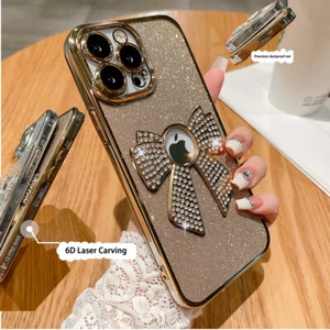 Hollow Mark Glitter Bow Diamond Bling Soft Phone Case For iPhone 14 13 11 Covers - Picture 1 of 23