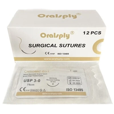 ORALSPLY 3-0/4-0 CHROMIC GUT 75cm Natural Absorbable Surgical Sutures 3/8 Needled 12/Box