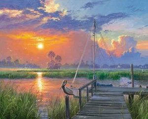 35" Fabric Panel | David Textiles Digital Inlet Solitude Nautical Boat Sunrise - Picture 1 of 1
