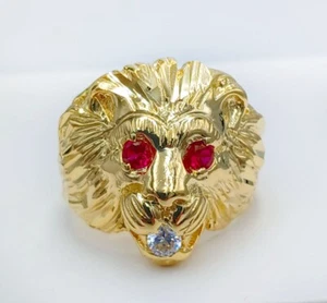 LAB CREATED RUBY & WHITE SAPPHIRE LEON MEN'S RING 14K YELLOW GOLD -NWT - Picture 1 of 6