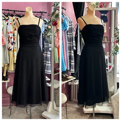 Vintage 90s Does 50s Black Tulle Midi Dress Fit & Flare Cocktail Party S - Image 1 of 4