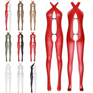 Women Jumpsuit Hollow Out Bodysuit Teddy Leotard Oil Glossy Bodycon Clubwear - Picture 1 of 73