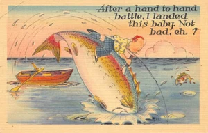 Vintage Comic Postkarte: Mann kämpft Fisch, Vintage Leinen, 40er Jahre - Bild 1 von 2