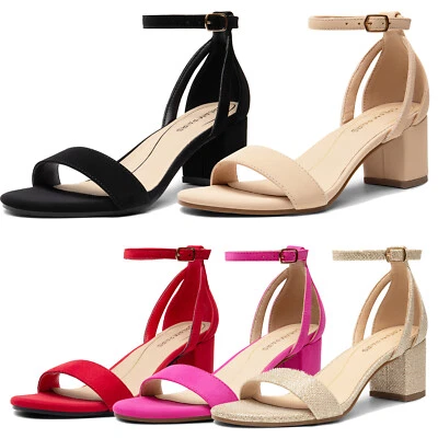 Sandalias de vestir de boda para mujer con correa en el tobillo punta abierta sandalias de tacón bajo grueso Foto 1 de 4