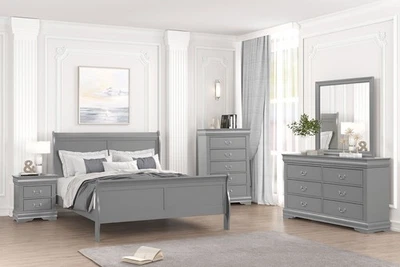 Juego de cama Louis Philippe acabado gris tamaño doble 5 piezas estilo transición dormitorio Foto 1 de 4