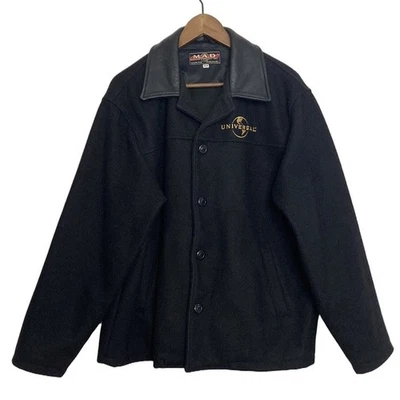 Vintage Wool Jacket Mens Medium Black Wool Leather Universal Pictures Logo Foto 1 de 4