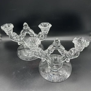 Cambridge Diane Clear 3 Light Glass Candlestick Etched Candelabras- PAIR - Picture 1 of 9