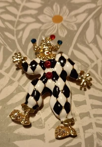 Clown Brooch Black White Harlequin Joker Enamel Fab Glam - Picture 1 of 21