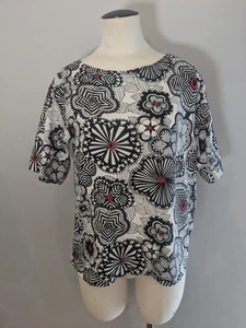 Marimekko X Uniqlo Top Womens SMALL Geometric Flowers Print Black White Red - Foto 1 di 10