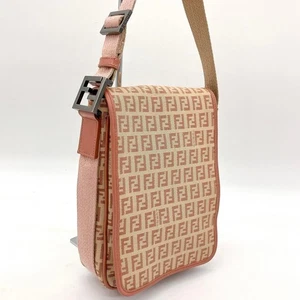 FENDI Bolso de Hombro Cartera FF Zucchino Lona Cuero Rosa Beige Auténtico por JAPÓN - Imagen 1 de 24