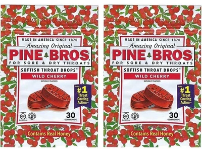 Gotas de garganta Pine Bros Wild Cherry 30 gotas gomosas * Paquete de 2 * Foto 1 de 3