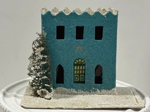 Vintage Putz Weihnachtsdorf Glimmer Glitzer blau Haus Japan Karton 40er 50er - Bild 1 von 20