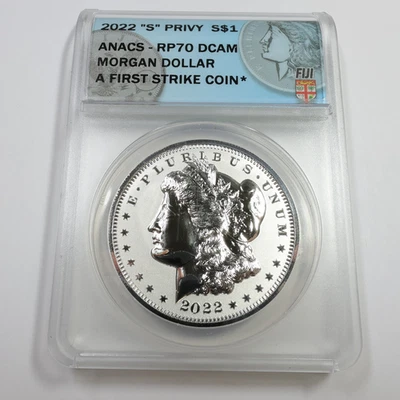 2022 S ANACS Reverse Proof PR70 DCAM Fiji 1oz Silver Morgan Dollar Coin #55656A - Image 1 of 3