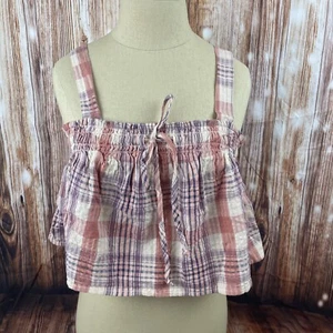 American Eagle Plaid Swing Cami Crop Top Pastel Peach Cotton Linen Blend Size S - Picture 1 of 7