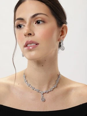 Indian Bollywood Cz AD Silver  Plated Jewelry Earrings Necklace Bridal Set - Image 1 of 4