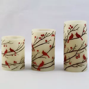3 Piece Flameless LED Wax Pillar Candle Set Cardinals 6 Hour Timer - Picture 1 of 5