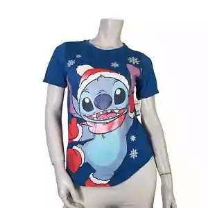 DISNEY Lilo & Stitch Blue Christmas / Winter / Snowflake / Santa T Shirt - Picture 1 of 5
