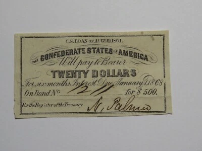 $20 1861 Confederate Bond Coupon Certificate Currency Bank Note Bill UNC - Image 1 of 2