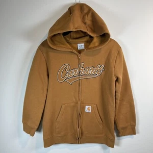 Carhartt Youth Full Zip HoodieSweatshirt Brown Spell Out Logo Pockets Kids 10/12 - Picture 1 of 13