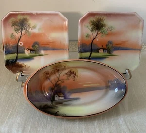 Vintage Noritake Morimura handbemalt China Sonnenuntergangsszene 7" ovale Schale & 2 Untersetzer - Bild 1 von 22