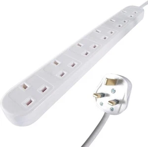 6 Gang 2m Extension Lead Block UK Plug Wall Mountable White 13amp With UK Plug - Picture 1 of 6