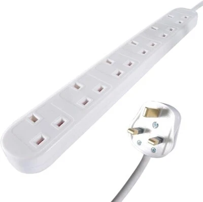6 Gang 2m Extension Lead Block UK Plug Wall Mountable White 13amp With UK Plug - Image 1 of 4