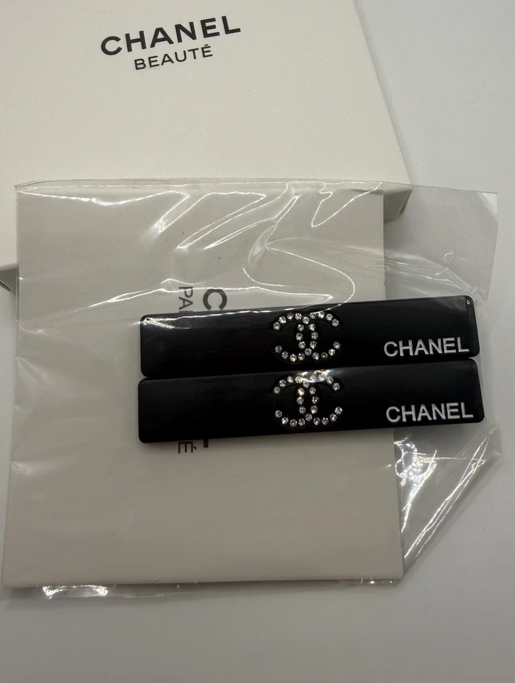 New Chanel Beauty Matte Black Crystal Hair Clips Set of 2 , VIP Gift, GWP