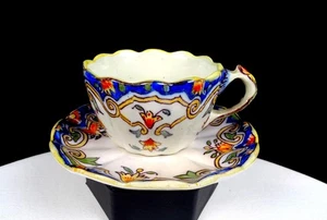 Rouen #1494 French Faience Antique Porcelain Scalloped 2" Cup & Saucer Set 1860 - Picture 1 of 10