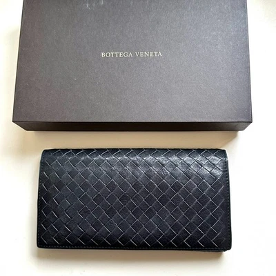 BOTTEGA VENETA Cartera Larga de Cuero Auténtico Intrecciato Negra × Azul Foto 1 de 4
