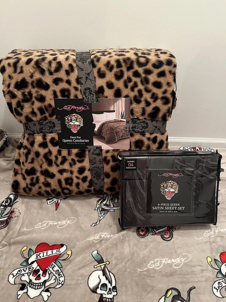 Edredón Ed Hardy Queen estampado de leopardo con juego de sábanas de satén Queen negro de 6 piezas Foto 1 de 4