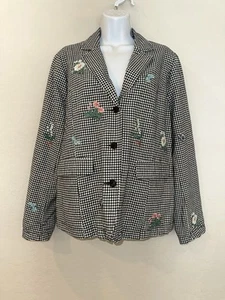 Sundance Cotton/Linen Blend Gingham With Embroidered Flowers Blazer Size Large - Picture 1 of 5
