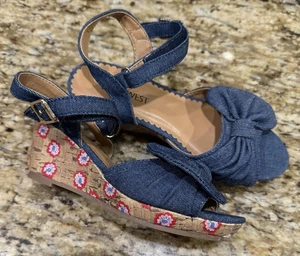 Girl's Nine West Wedge Heel Denim Bow Sandals size 12 Flowers Patriotic - Picture 1 of 3