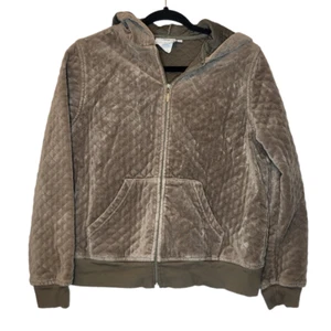 Hot Cotton Brown quilted velour full zip hooded jacket sz Medium - Picture 1 of 7