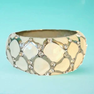 Vintage breites Clamper Armreif Armband klar Kristall weiß Emaille versilbert 80er - Bild 1 von 6