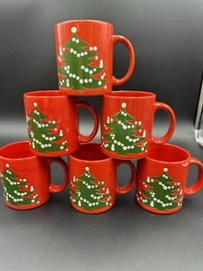 STUNNING SET OF 6 VINTAGE WAECHTERSBACH GERMANY RED CHRISTMAS TREE 3 7/8" MUGS - Picture 1 of 16