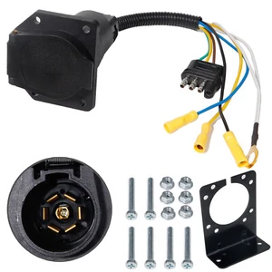 RV 4 Pin Flat to 7 Way Round Trailer Truck Adapter Wiring Plug Mounting Bracket - Picture 1 of 8