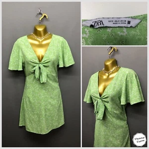 ZARA Green Ditsy Floral Tie Front Skater Dress Small Retro Summer Casual - Picture 1 of 11