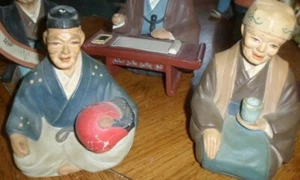 Vintage Pair Of Japanese Hakata Urasaki Clay Figurines Woman w cup,Man with ? - Picture 1 of 4